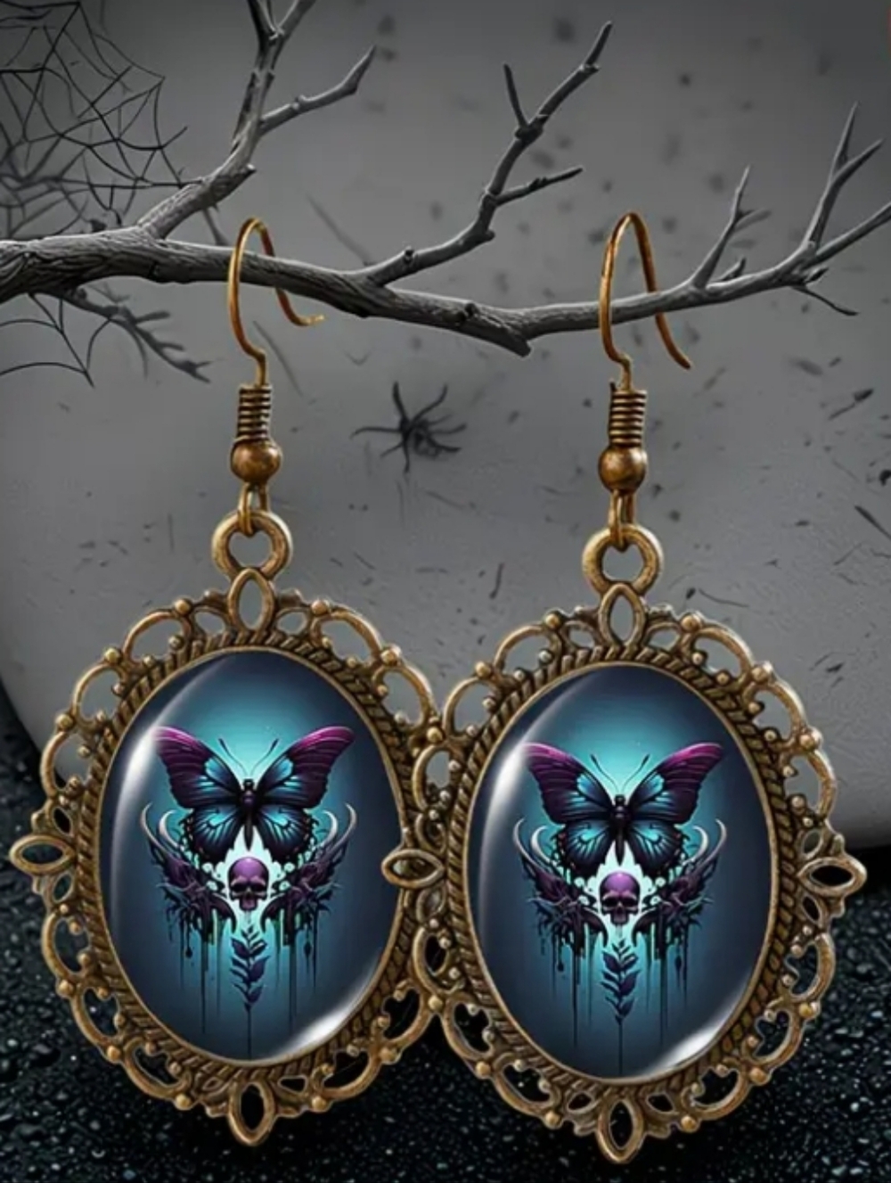 Gold-Tone Glass Butterfly Skull Drop Earrings